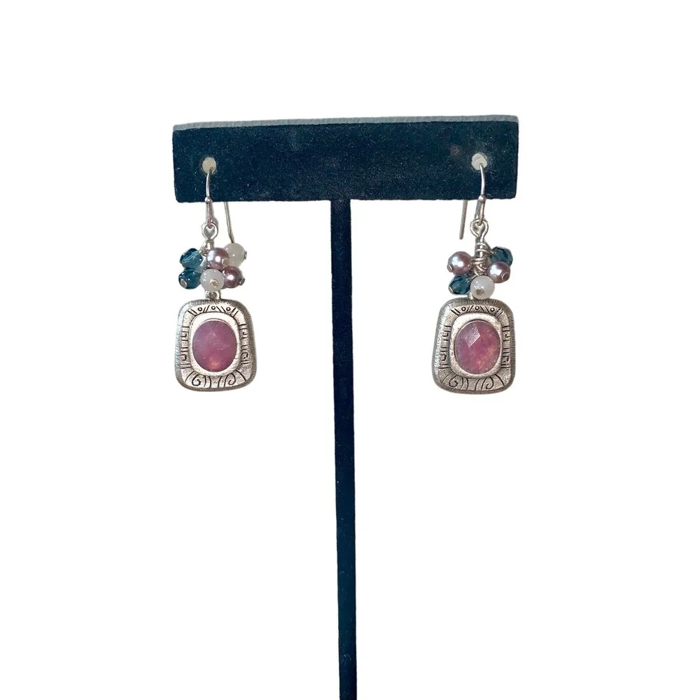 Sterling Silver Amethyst Color Stone Beaded Dangle Fishhook Earrings NWOT
